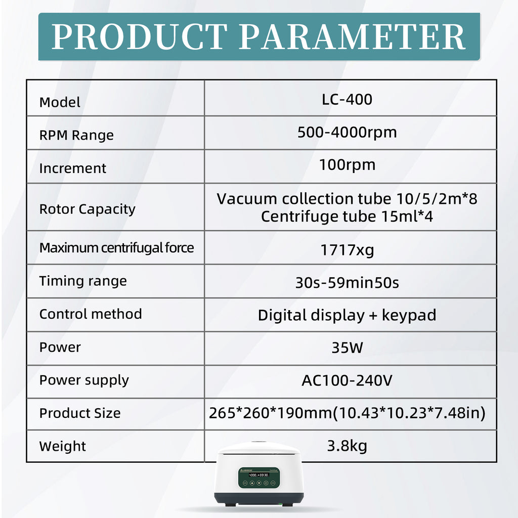 LC-400 RP PRF Centrifuge Machine, 500-4000rpm, 1717×g, Plasma