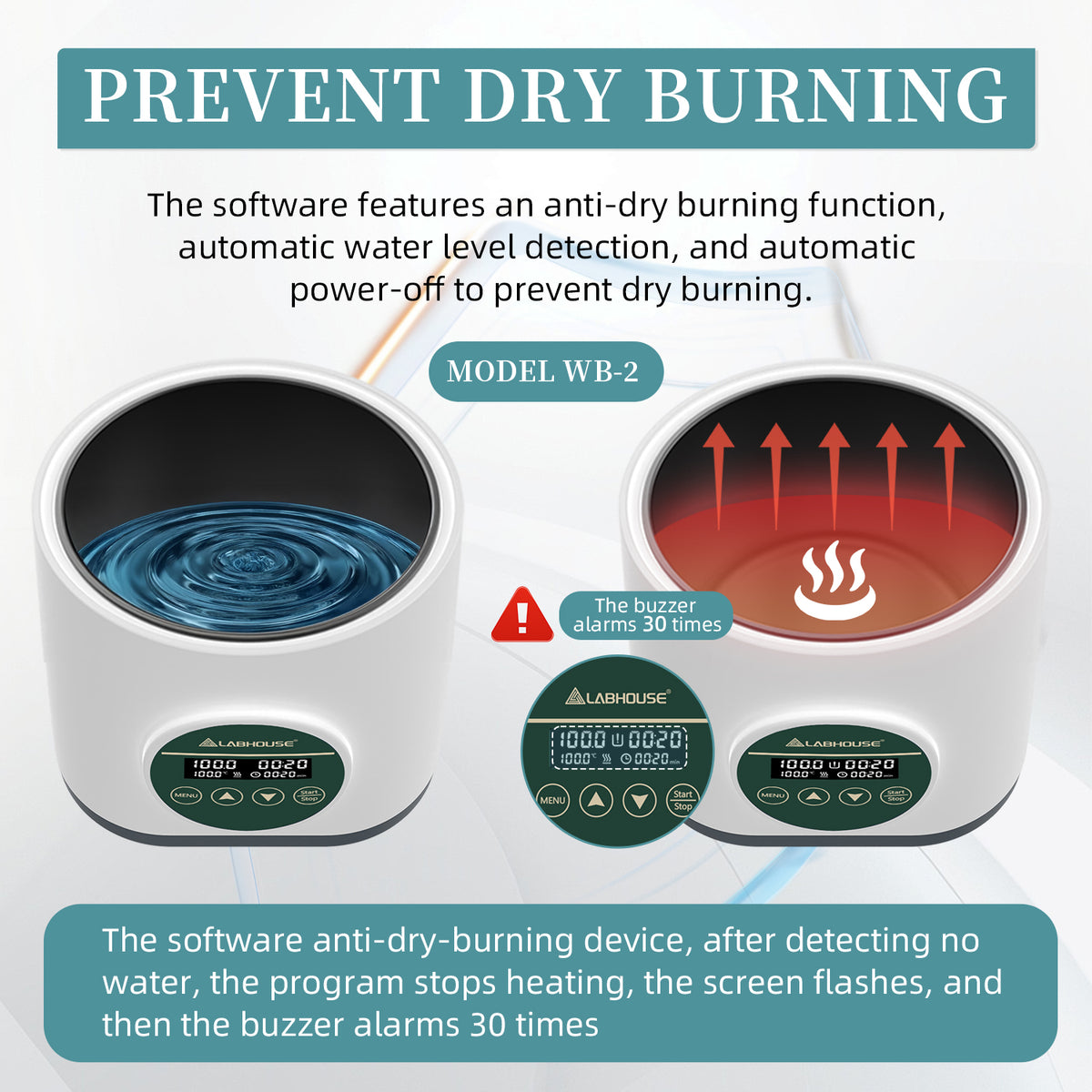 WB-2 Digital Lab Water Bath 2L, 100°C, Teflon Coating, Timer